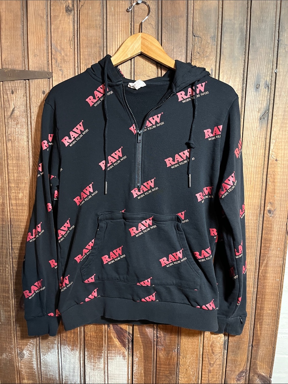 RAW Logo Black Half-Zip Hoodie with Red Print